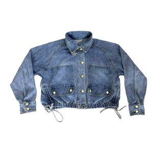 Pocket Button up Denim Outdoor Jackets  Girl's Short elastic hem Jacket Women's Daily Wear Jackets
