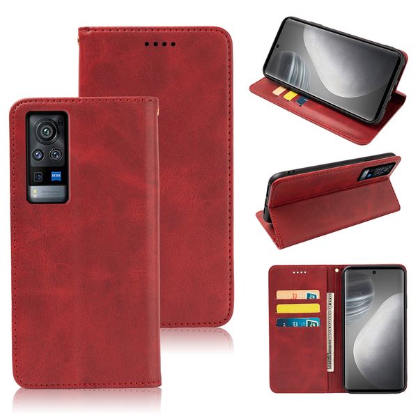 wholesale brand VIVO X60 Pro Calfskin Solid Color leather magnetic wallet mobile cell phone cover cases designer