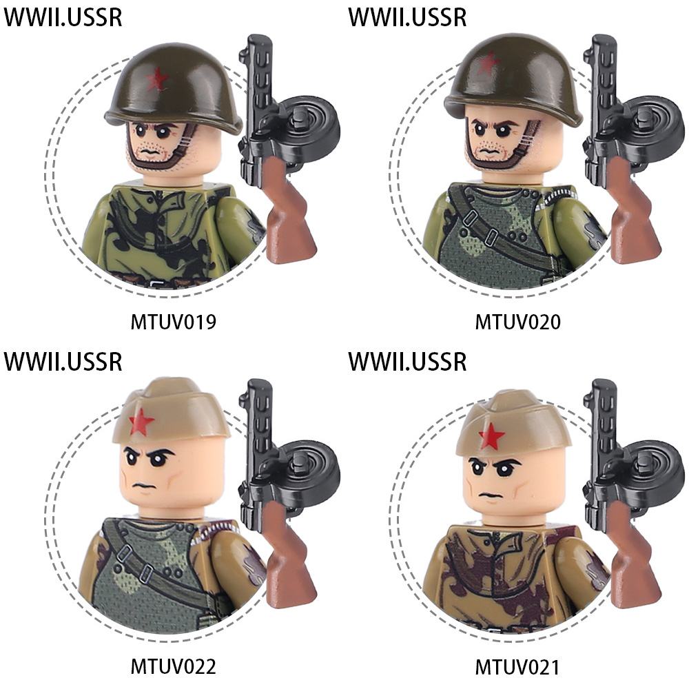 MOC WW2 Soviet Red Army Minifigs Military Soldier Infantry Figures Building Blocks PPSH Gun Weapons Cap Helmets Bricks Toys
