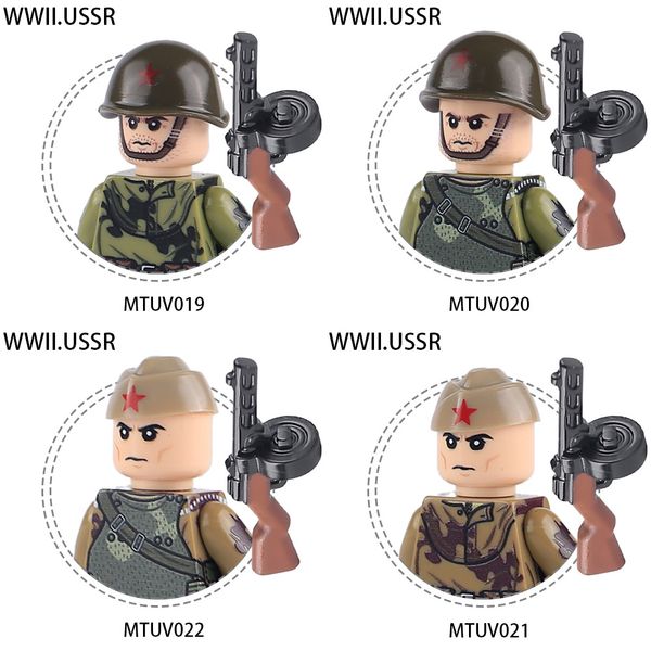 MOC WW2 Soviet Red Army Minifigs Military Soldier Infantry Figures Building Blocks PPSH Gun Weapons Cap Helmets Bricks Toys