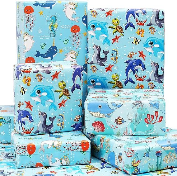 Wholesale Ocean Theme Recyclable Wrapping Paper Virgin Pulp Style Coated Gift Box Stickers for Children's Party Craft Use