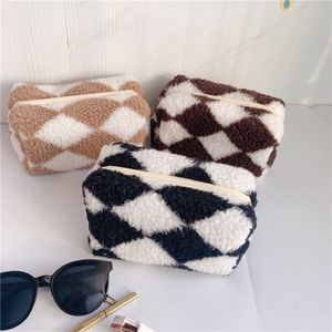 Sherpa Chessboard Lattice Cosmetic Bag Retro Style Simple Large Capacity Cashmere Storage Bag Student Pencil Case
