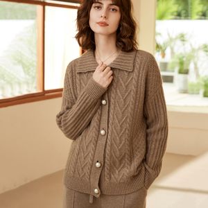 Women Fashion Luxury Single Breasted Lapel Neck Cable Knit Cashmere Cardigan Sweater