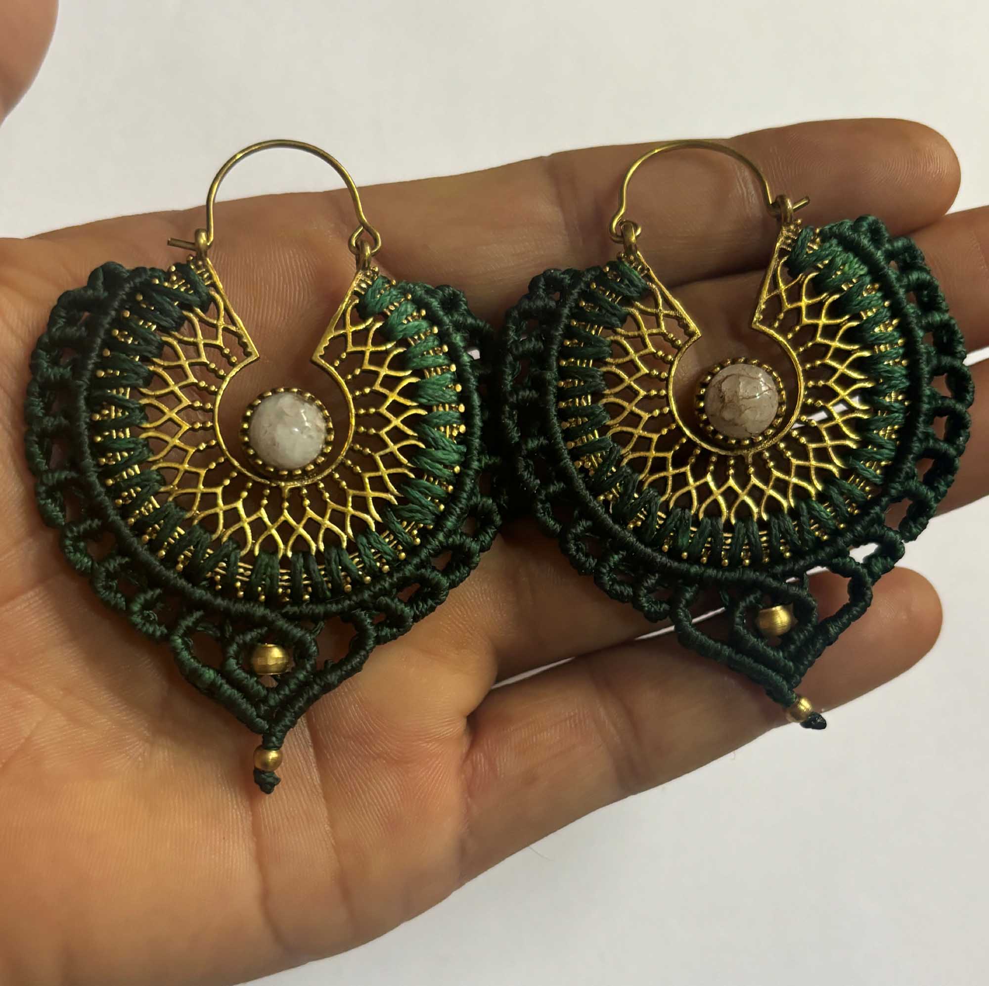 HARI OM CREATIONS 5MM Rainbow Moonstone Handmade Brass Dangle Earrings with Gold Plating Macrame Green...