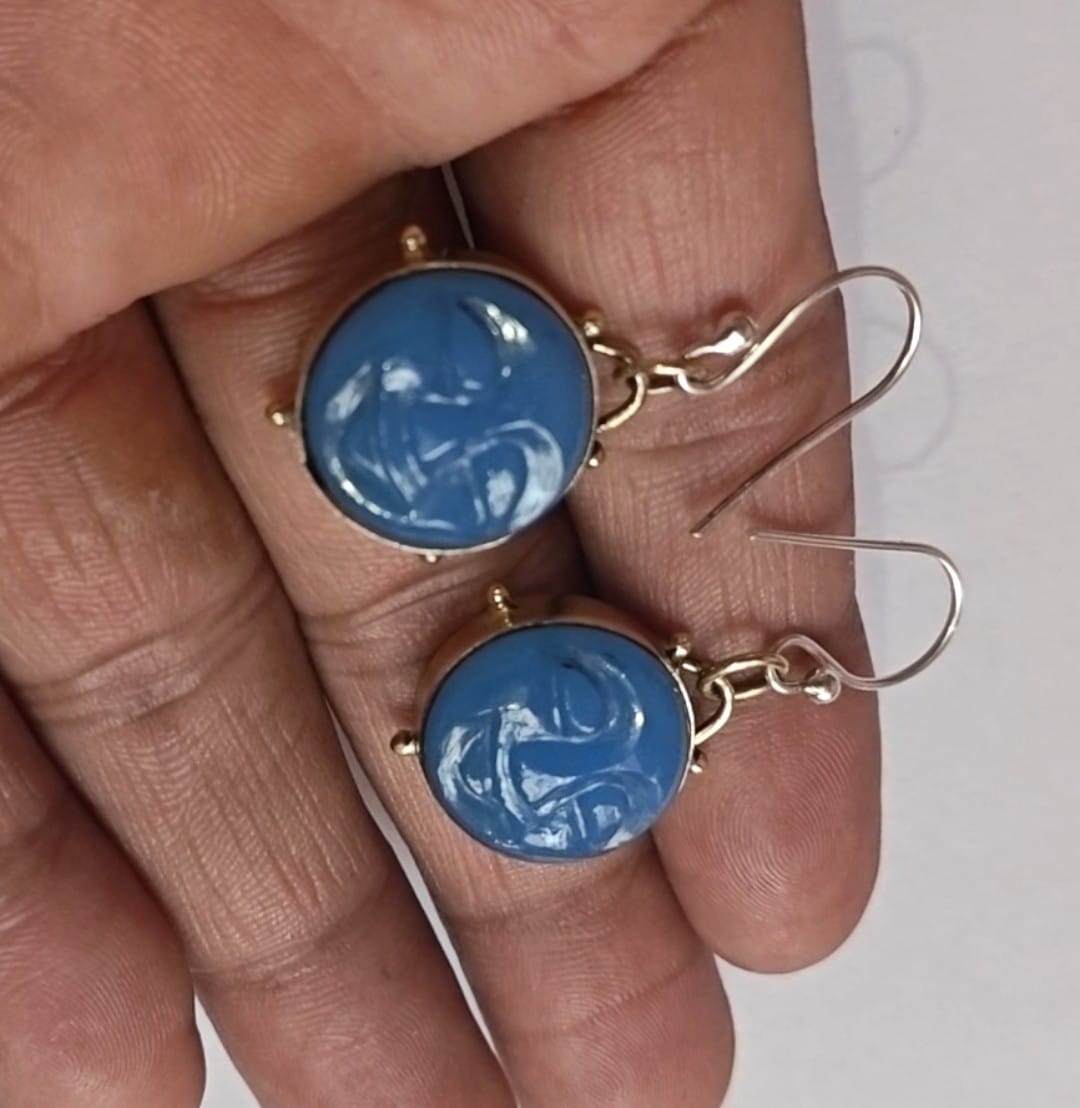 HARI OM CREATIONS Blue Chalcedony full moon Carving Earring with 925 Sterling Silver 10MM Round carving...
