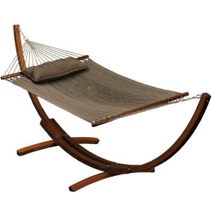 12FT Wooden Arc Hammock Stand With Caribbean Polyester Rope Swing Hammock for Outdoor Garden Pool