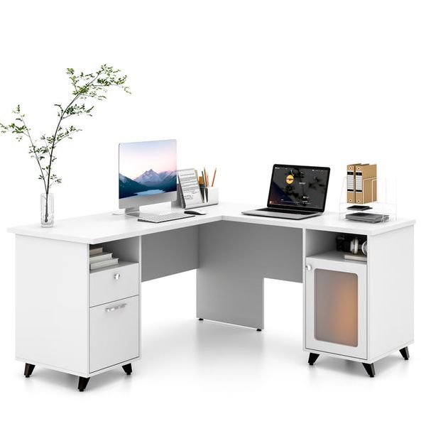 L-Shaped Office Desk with Lockable 2 Drawer and Storage Cabinets for  Executive Office Desk Set