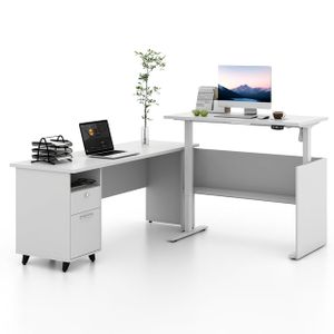 Modern Wooden Ergonomic Electric Height Adjustable Sit to Stand Executive  L-shaped Office Desk with Drawer
