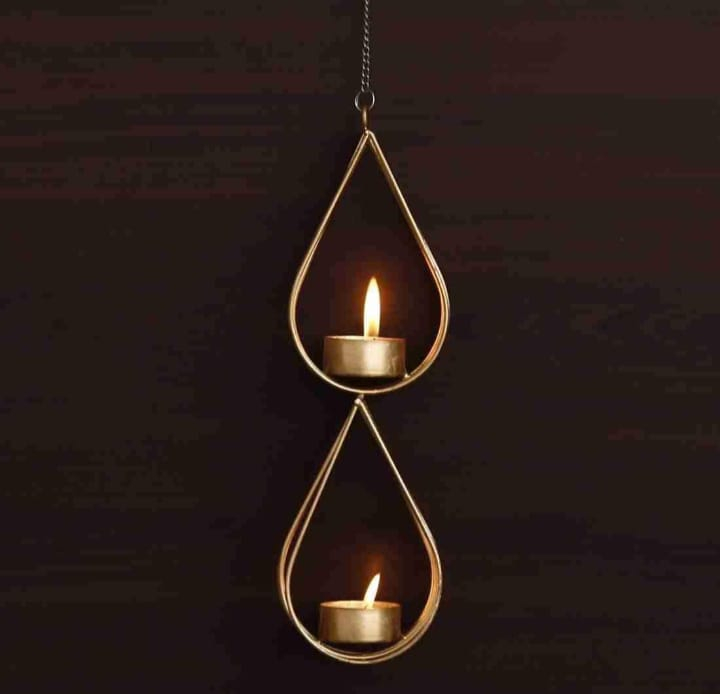 Handcrafted 26.7 cm Gold Metal Hanging Tea Light Holder Double Teardrop Design for Home Decoration on Christmas Easter Birthday