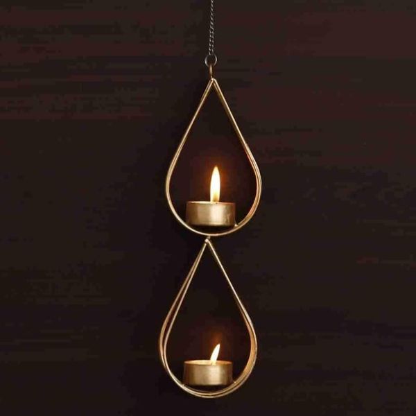 Handcrafted 26.7 cm Gold Metal Hanging Tea Light Holder Double Teardrop Design for Home Decoration on Christmas Easter Birthday