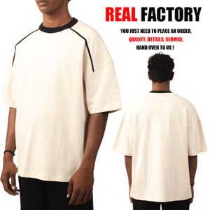 Us Size Streetwear Color Block Collar Drop Shoulder Braid Cotton Heavyweight Sports Oversized Unisex Women Men's T-shirts Cuotom