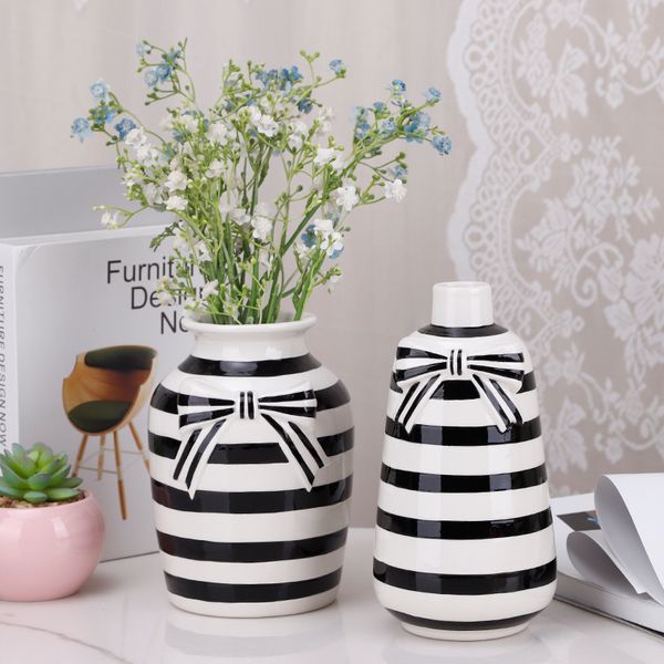 Redeco Black White Striped Bow Ceramic Vase Set Modern Decorative Vase Custom Ceramic Flower Vase Home Decor Table Centerpiece