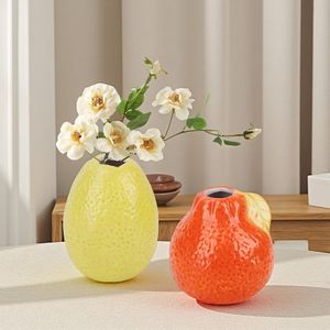 Redeco Elegant Fruit Shaped Ceramic Vase Lemon Vase Orange Ceramic Flower Vase Creative Flower Holder Artistic Table Ornament