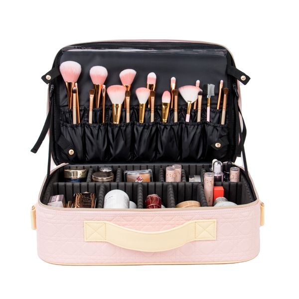KONCAI Custom logo Multi-function Pink Travel Makeup Organizer Make up Storage Bag with Led Light Mirror