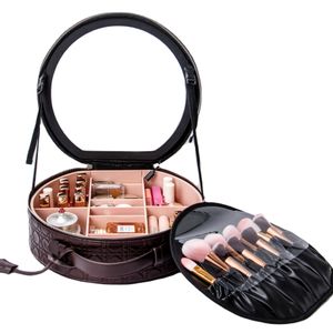 KONCAI Custom Beauty Cosmetic Bag with LED Light Mirror Large Capacity Travel Portable Cosmetic  Bag Round Desktop Makeup