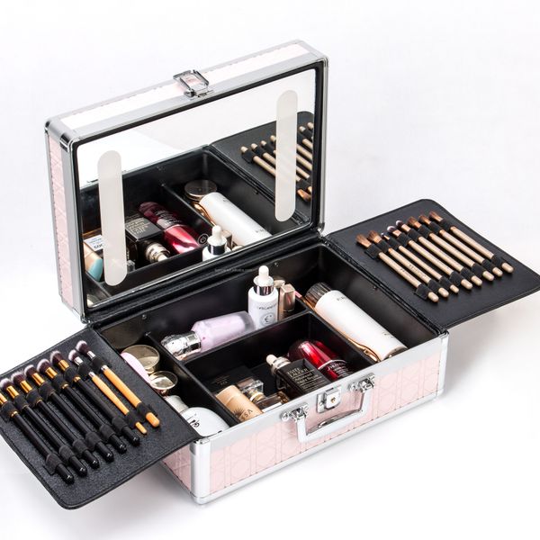 Professional Handbag Cute Makeup Brush Bags Cosmetic case Organizer With Full Led Light Mirror Waterproof Cosmetic Case