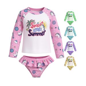 Custom Logo Girls Two Piece Long Sleeve Swimsuit UPF50+ Rash Guard Kids Swimwear Toddler Bathing Suit Set Beachwear