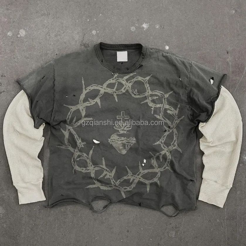 Guangzhou Qianshi Trading Co., Ltd. Custom Graphic Ripped Long Sleeve t Shirts for Men Vintage Acid Wash Shirts Waffle...
