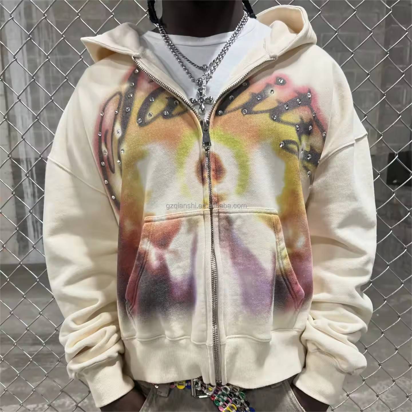 Baggy 400 Gsm French Terry Graphic Fleece Heavyweight Full Zip Hoodie 100% Cotton Unisex Boxy Custom Zip up Rhinestone Hoodie