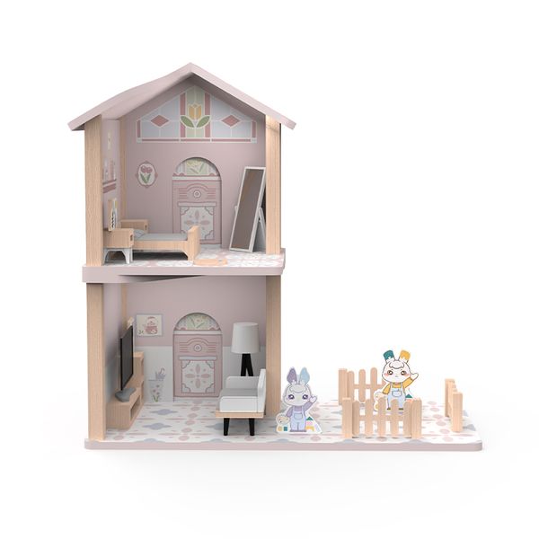 Large Wooden Simulation Villa House Indoor Scene DIY Building Blocks Puzzle Early Enlightenment Model Toy for Kids Pink Color