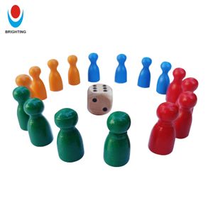 16PCS Wooden Pawns Ludo Game 12*25mm & 1PC Wooden Dice 16mm in Bage Plastic Wood Toys Tabletop Components Piece Board Game Pawn