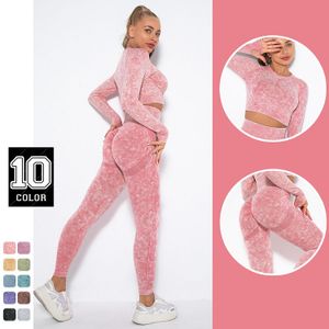 Women's Custom Logo Pink Yoga Sportswear Set Retro Washed Floral 2-Piece Crop Top Butt Lift Leggings Seamless Retro Floral