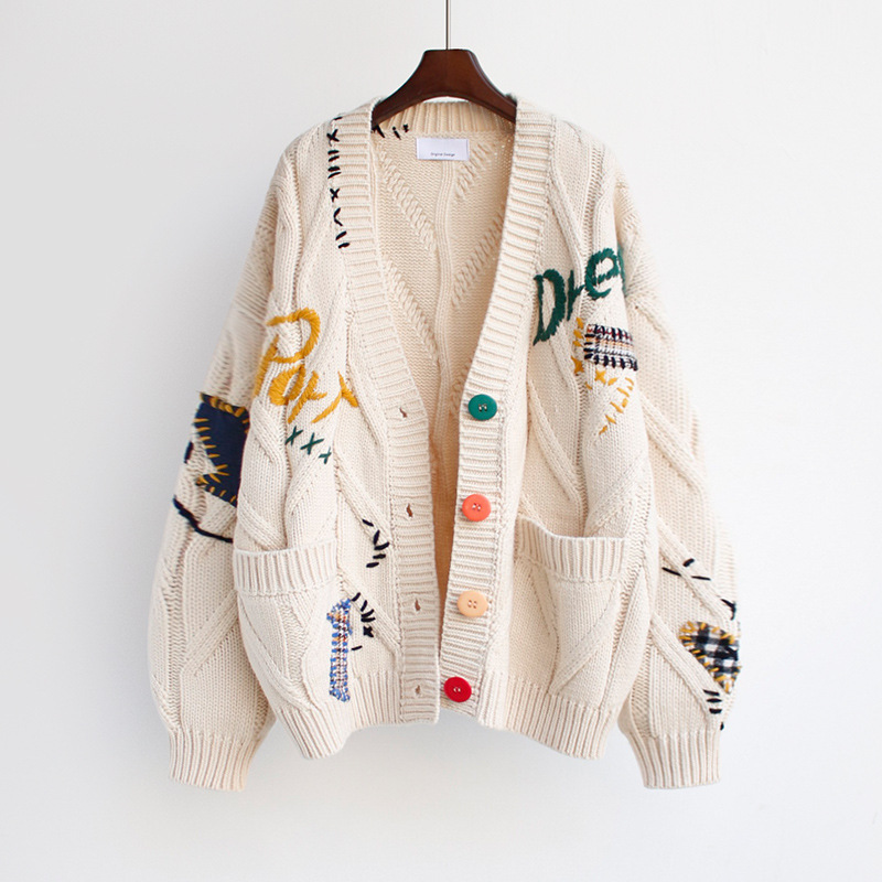 OEM Factory Custom Fall Winter Knitwear Cotton Embroidery Print Knitted Sweater Coat Cardigan for Women
