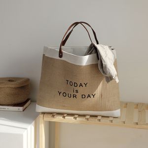 New Design Women Burlap Jute Tote Bag Custom Logo Recycled Hemp Shopping Grocery Beach Tote Bag with Leather Handle