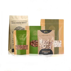 Custom Food Packaging Brown and White Kraft Paper Bag Packaging Zip Lock Bags with clear Window