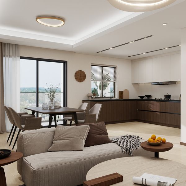 Project Kitchen Cabinet Solutions with White and Wood Contrast Finish for Villas and Condominiums
