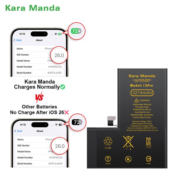 Kara Manda New OEM Diagnostic Battery Compatible with Latest System Charge Normally for iPhone 6 to 15 Pro Max iPhone Battery