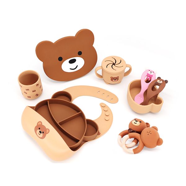 Factory Custom Bibs Bowls Plates Cups Forks and Spoons Set Teether Box Gift Bpa Free Silicone Suction Tableware Baby Feeding Set