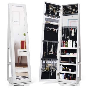 Modern Standing Floor White Wooden  Mirror Jewelry Cabinet