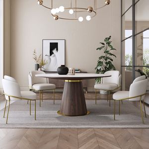 Q&N Modern Light Luxury Round Dining Table for 4-6 Walnut Base Sintered Stone Furniture for Restaurant & Villa Dining Room