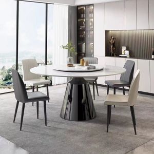 Q&N Modern Marble Dining Table Set Light Luxury 6-Person Black Metal Base Farmhouse Home Furniture with Chairs