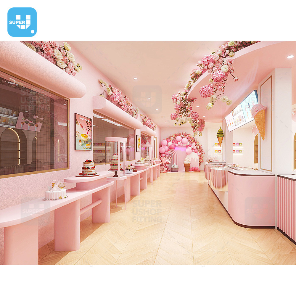 Hot Custom Sweets Street Shop Interior Design Yogurt Store Display Counter Showcase Furniture Pink Ice Cream Shop Decorations