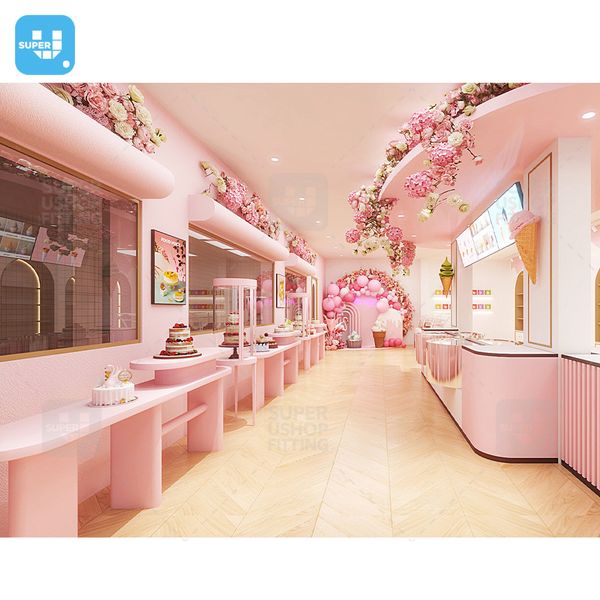 Hot Custom Sweets Street Shop Interior Design Yogurt Store Display Counter Showcase Furniture Pink Ice Cream Shop Decorations