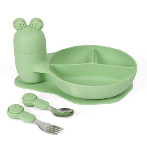 3 Divided Sections Snail Shaped Silicone Suction Baby Plate with Spoon and Fork Set