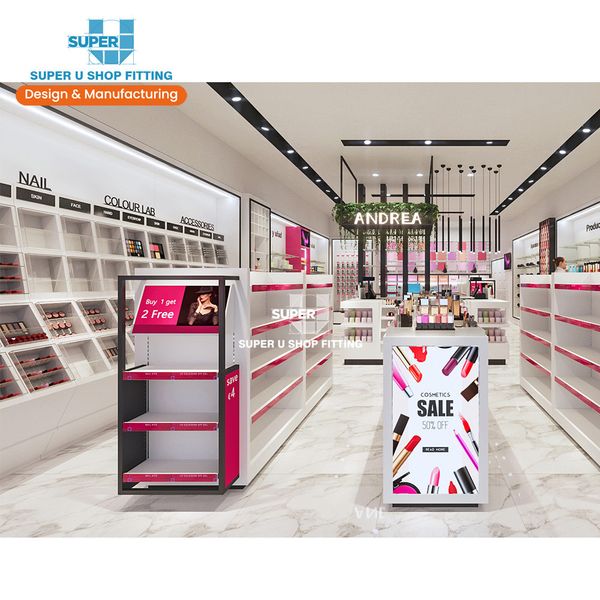 Custom Makeup Shelving Display Retail Skincare Shop Interior Store Design Wooden Cosmetic Shop Decoration Ideas