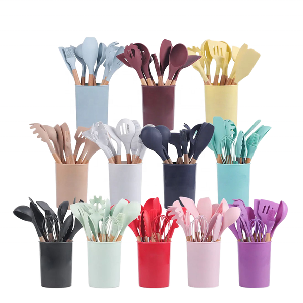 Wholesale 12-Piece Kitchen Utensils Set Customized Multi-Functional with Wooden Handles and Silicone Cooking Utensil Holder