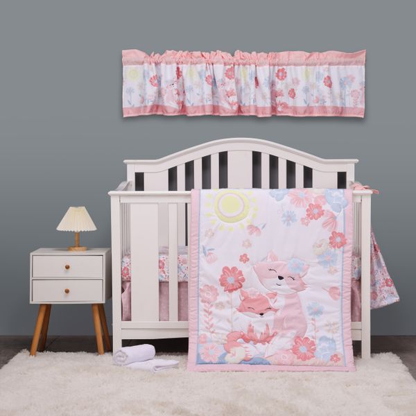 Wholesale Organic Cotton Baby Crib Bedding Pink Fox Cartoon Nursing Bedding Set 3 Pc for Girl's Bedroom Woven Baby Sleeping