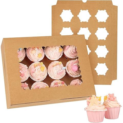 6 12 Brown Cupcake Containers Box with Windows in Bulk Birthday Party Baking Supplies for Cupcakes Muffin Cookies Pastry