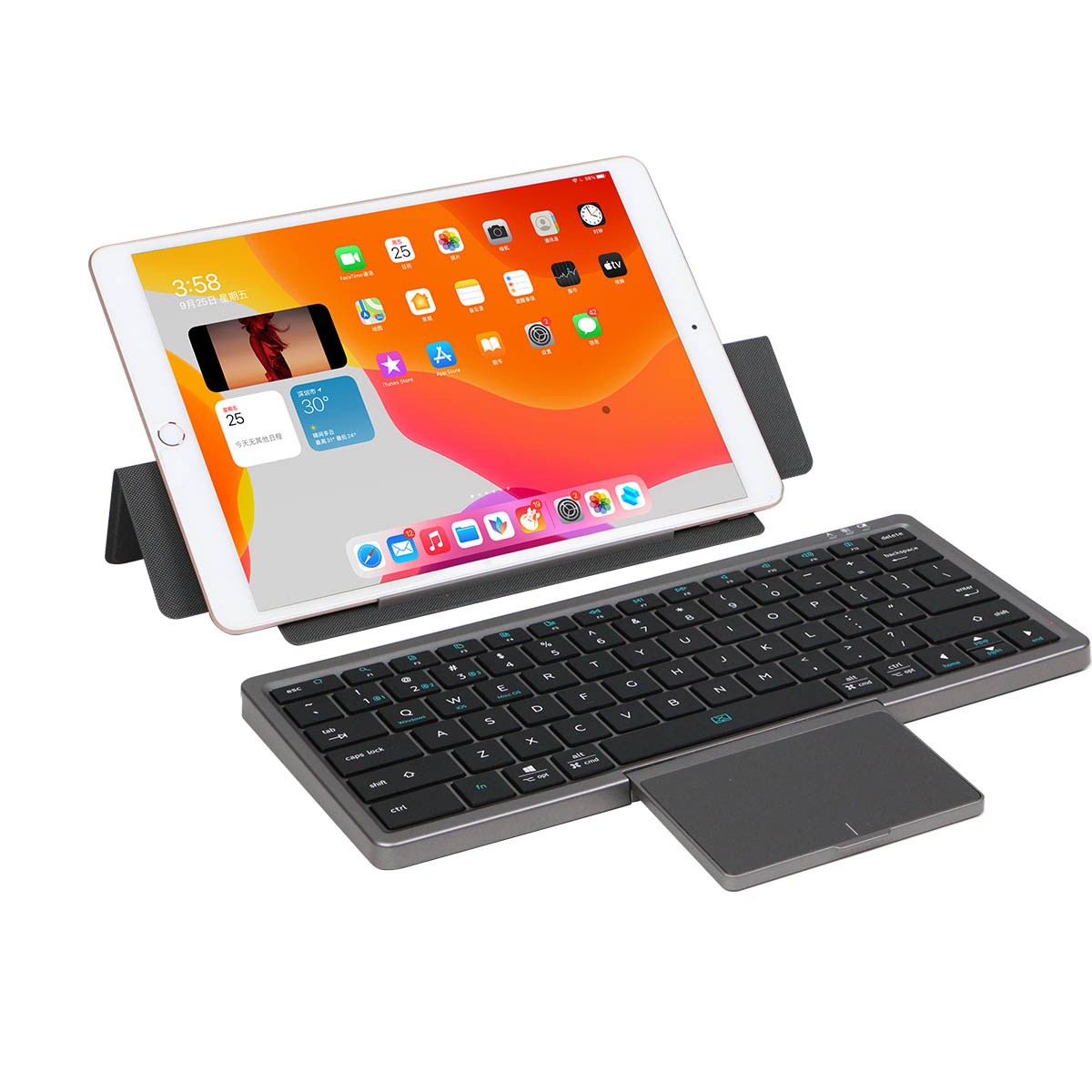 Wireless BT Keyboard with Cover and Stand, Slim and Compact Keyboard with Hidden Touchpad,  for IPad,  Windows, Android, Mac