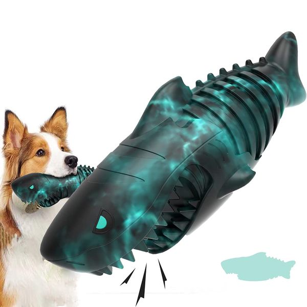 Indestructible Natural Rubber Squeaky Fun Shark Shape Chew Teeth Cleaning Pet Dog Toy