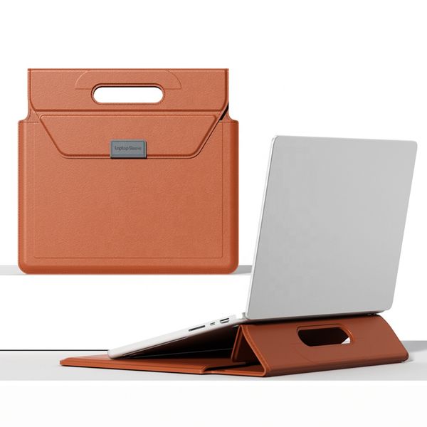 13-14" Portable Business Handle Briefcase PU Leather Foldable Laptop Stand Sleeve Bag for MacBook Air 13.3 Pro 14