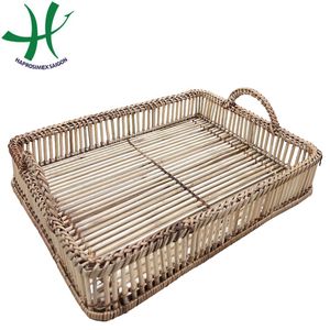 Wholesale Rectangular Wicker Rattan Fruit Tray with Handles Metal Iron Storage Basket for Food & Tools
