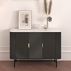 Nordic Marble Look Top Black Wooden Kitchen Dining Living Room Buffet Sideboard Cabinet With 3 Door
