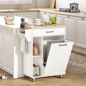 Modern White Mobile Tilt Out Trash Bin Cabinet Wood Kitchen Island Cart on Wheels