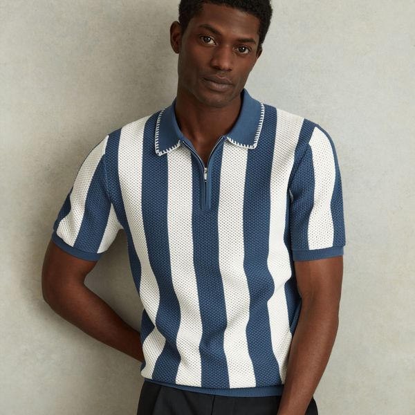 OEM Custom Knit Sublimated Zipper Collar Men's Wide Striped Vertical bar Polo Shirt