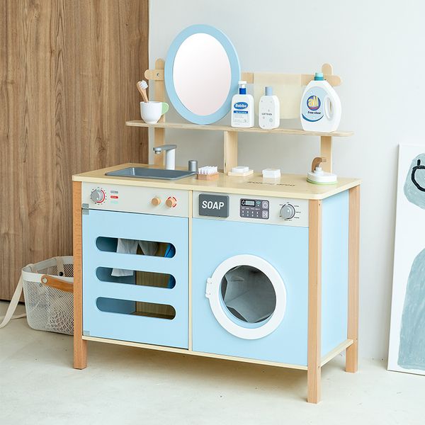 COMMIKI Wooden Pretend Washing Station Toy for Kids with Sink Mirror Clothes Rack Role Play Educational Toy for Toddlers